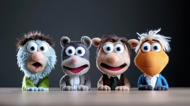 Four cute puppets sitting at a table, looking at the camera.