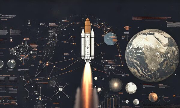 A detailed infographic depicting space exploration, planets, and rocket launch data.