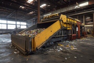 Large industrial machine filled with waste. Illustrates recycling process & waste management.