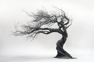 Twisted, leafless tree bending in the wind against a white background.