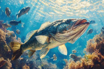Largemouth bass swimming underwater, surrounded by smaller fish and coral. Perfect for fishing, wildlife, and nature websites or publications.