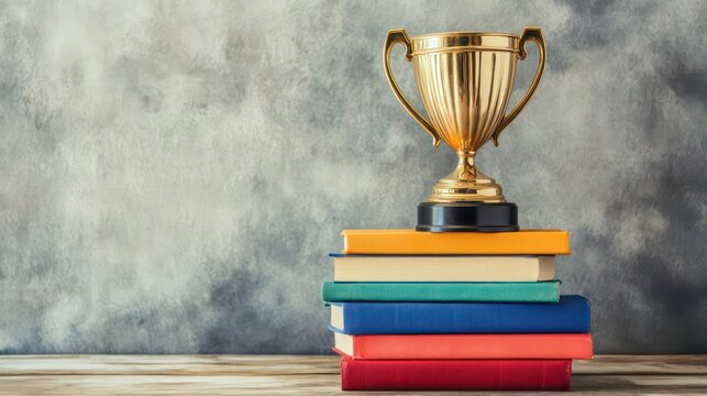 Gold trophy on a stack of colorful books against a textured background.