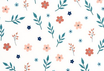 Obraz premium Charming Pastel Floral Motif Featuring Small Flowers and Leaves in Turquoise, Peach Pink, Navy Blue, and Orange Against a White Background 