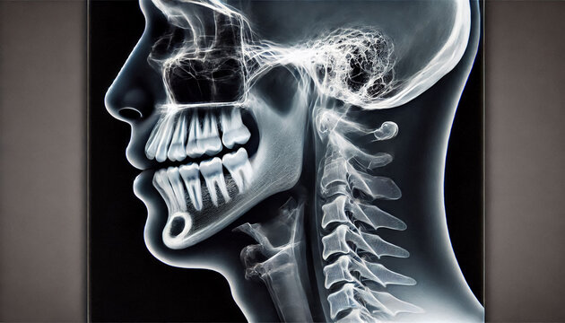 An X-ray image of the human chin showing the bone density, jawline connection, and mandibular angle for diagnostic and educational purposes.