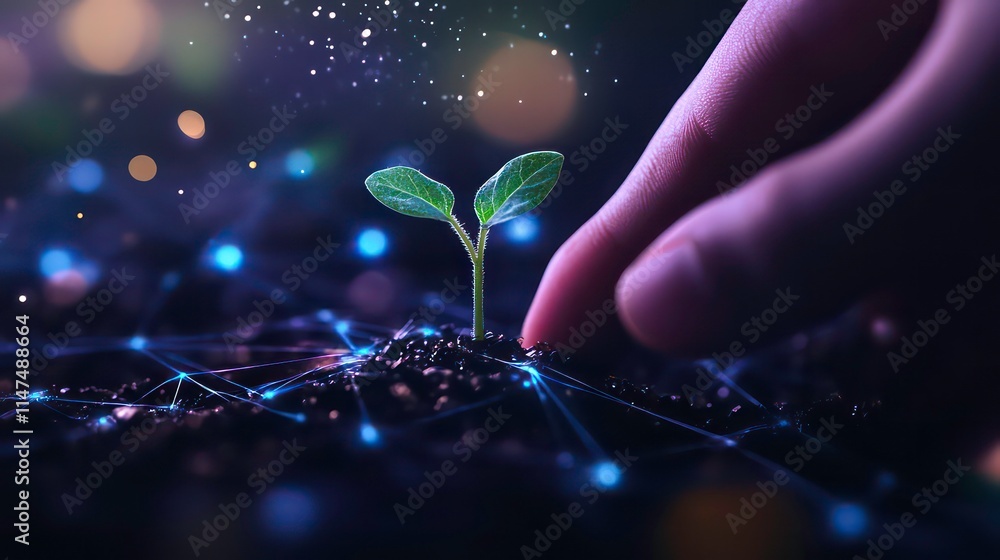 Poster hand nurturing a seedling emerging from digital soil, representing growth and technology.