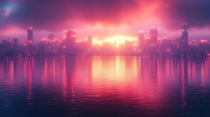 Fototapeta premium Pink city skyline reflected in calm water.