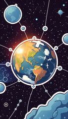Fototapeta premium earth in space and network connection, sticker style, with white tones