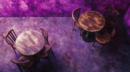 Two Rustic Wooden Tables and Chairs in a Purple Room