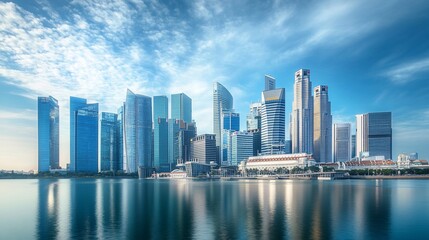 Fototapeta premium A modern skyline reflecting on water under a clear blue sky.