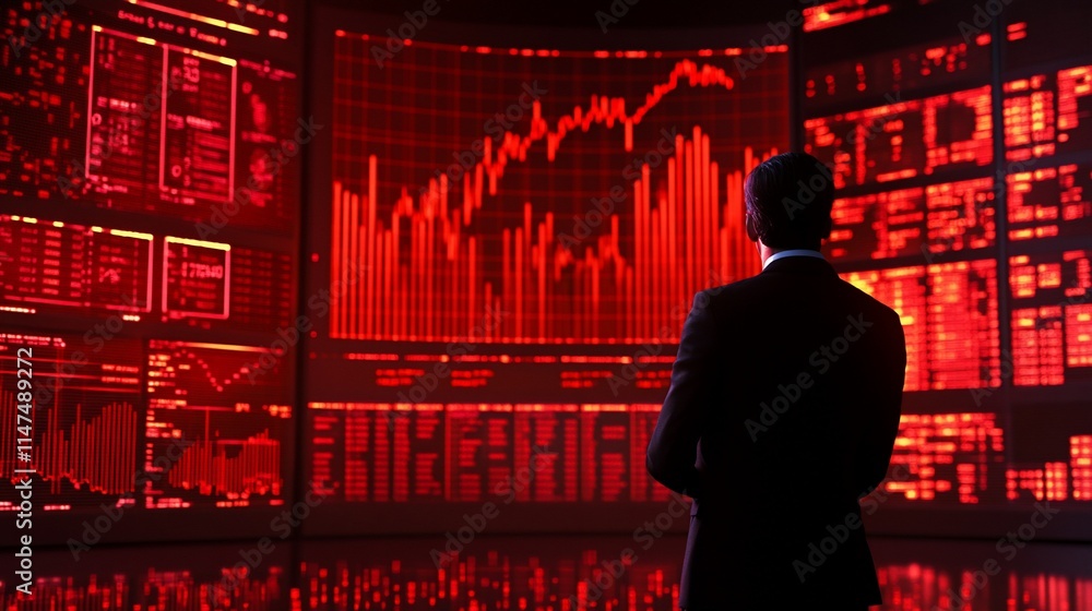 Poster a person analyzing financial data on multiple screens in a dark environment.