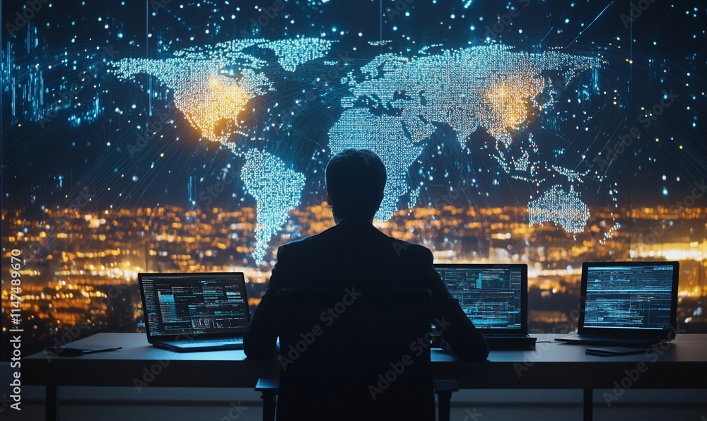 Poster a person analyzes global data on multiple screens in a tech-focused environment.