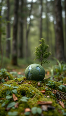 a miniature green earth in the photo in the middle of the forest, with white tones