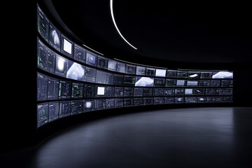 High-tech control room with multiple screens displaying data.