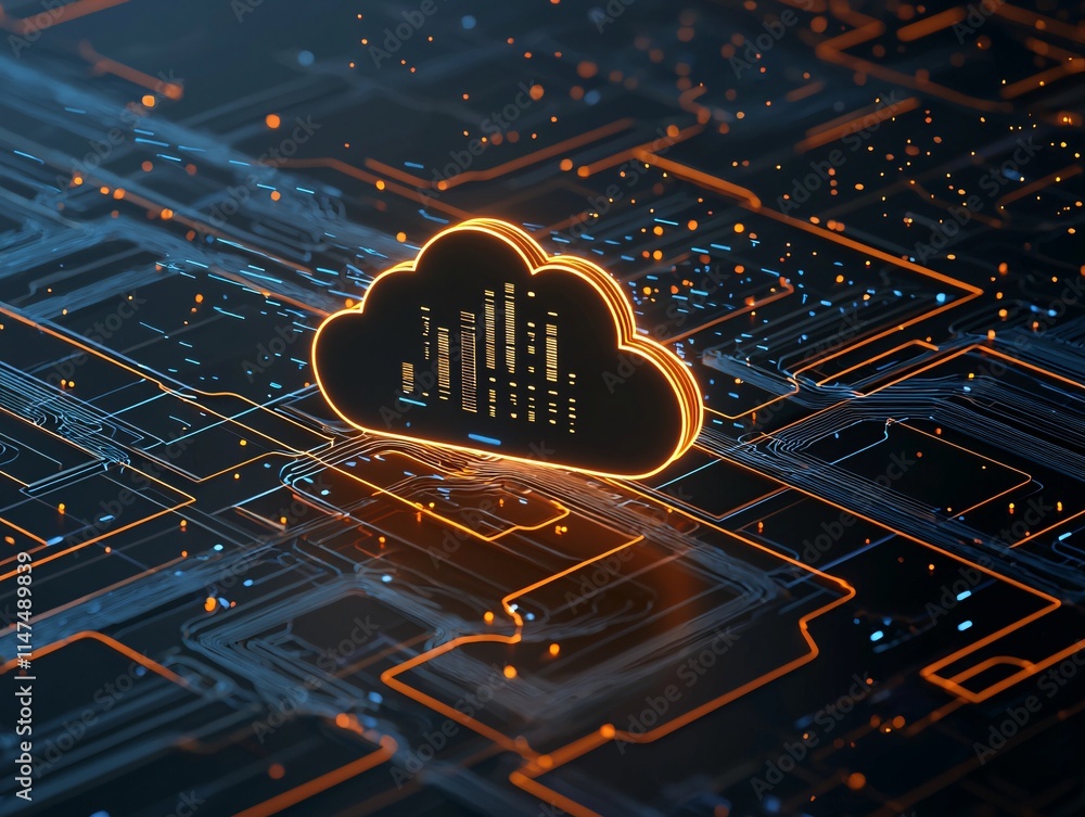 Poster a concept image of cloud data servers storing account records with futuristic graphics and icons