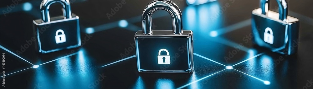 Poster a cyber security network concept image with glowing lock icons symbolizing account registration safe