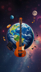 Naklejka premium Music planet. Planet earth and musical instruments. Harmony concept, vibrant, with white tones