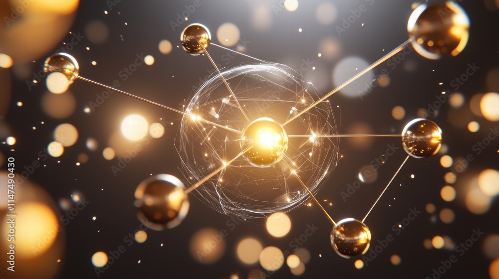 Poster dynamic 3d abstract illustration of entangled particles with glowing focal point