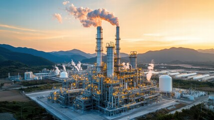 Wide Angle View of Hydrogen Fuel Plant Against Sunset with Smoke Emissions