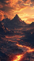 Fototapeta premium A dramatic volcanic landscape at sunset with lava flow.