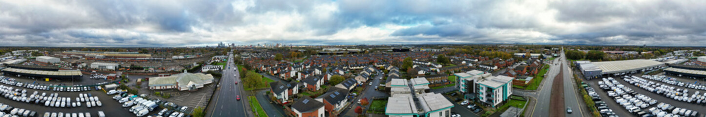 Aerial High Resolution Panoramic View of Manchester City During Autumn Season and Cloudy Day over England Great Britain. High Angle Drone's Camera Footage was Captured on October 29th, 2024
