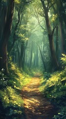 Obraz premium A serene forest path illuminated by gentle sunlight and greenery.