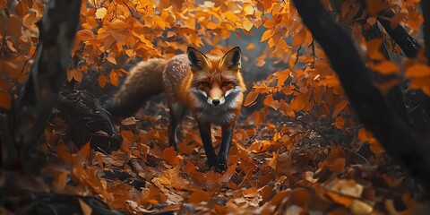 Red fox in the forest with orange leaves on background, animal wildlife photography, high resolution, high definition, high quality, professional color grading, soft shadows, no contrast