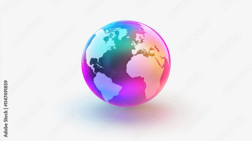 Poster a futuristic 3d globe icon with iridescent gradients and a smooth finish, floating elegantly on a wh
