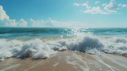 Fototapeta premium Vibrant ocean waves crash onto a sun-drenched sandy beach under a clear blue sky with fluffy white clouds