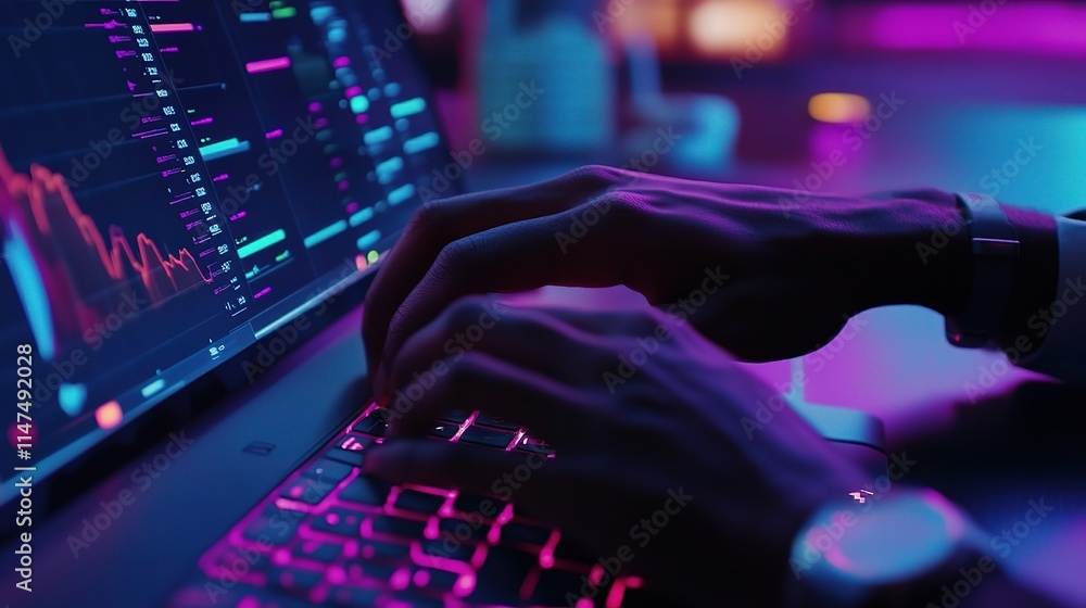Poster advanced hands typing on computer with digital display in neon light