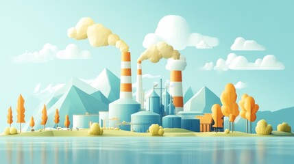 Cartoon illustration of an industrial factory with smokestacks emitting smoke,  located by a lake and surrounded by mountains and trees.