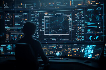 Naklejka premium Futuristic Tech Control Room with Multiple Screens
