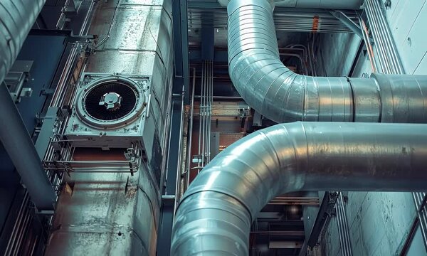 A view of industrial ductwork and ventilation systems in a modern facility.
