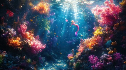 Mermaid swims vibrant coral reef, colorful fish.