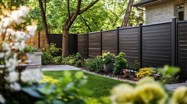 Modern dark brown composite fence in a lush garden. Shows a beautiful, private backyard setting ideal for home improvement.
