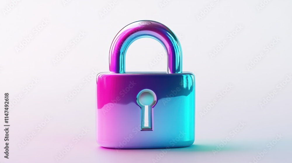 Poster a glossy 3d lock icon with gradient colors transitioning from purple to teal, rendered with smooth a