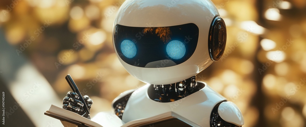 Poster a robot reading a book, symbolizing curiosity and learning in a serene setting.