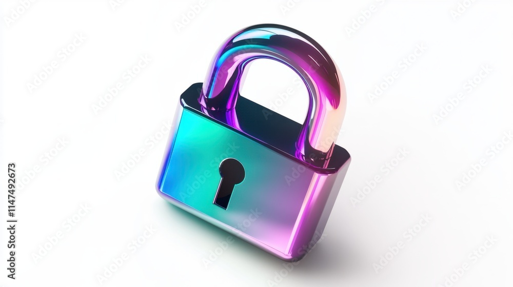 Poster a glossy 3d lock icon with gradient colors transitioning from purple to teal, rendered with smooth a