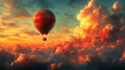 Fototapeta premium Hot air balloon ascends, fiery sunset clouds.