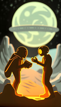 Contact with extraterrestrial civilizations, Paper Cutout style, with white tones