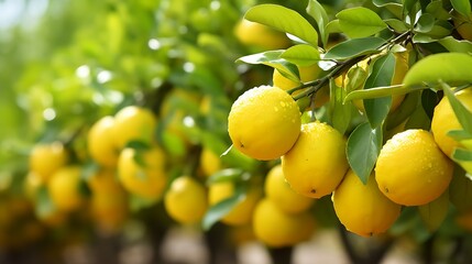 Ripe lemons on a tree branch, close-up view with water droplets.