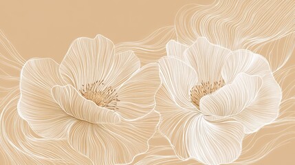Elegant beige and white line art poppies on a wavy background.