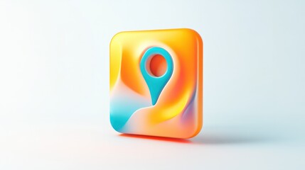 A glowing 3D map icon in gradient hues blending orange and blue, with a smooth and polished finish, floating against white