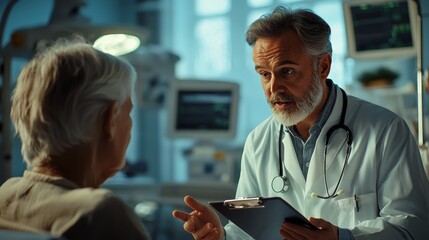Obraz premium Senior doctor discussing medical treatment plan with elderly patient in modern hospital room