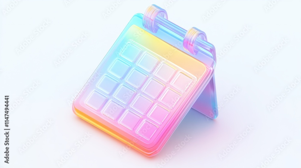 Poster a modern 3d calendar icon in iridescent colors transitioning smoothly across its surface, rendered w
