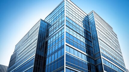Modern glass skyscraper against a clear blue sky.