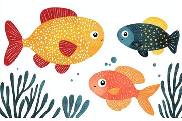 Fototapeta premium Colorful Cartoon Fish Swimming in Underwater Scene Illustration