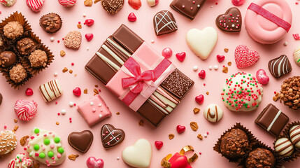 A Symphony of Sweetness: An array of delectable chocolates and confections arranged artfully on a pink background, perfect for Valentine's Day or any romantic occasion.