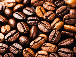 Obraz premium Assorted coffee beans, including light roasted and dark roasted varieties, arranged in a textured background 