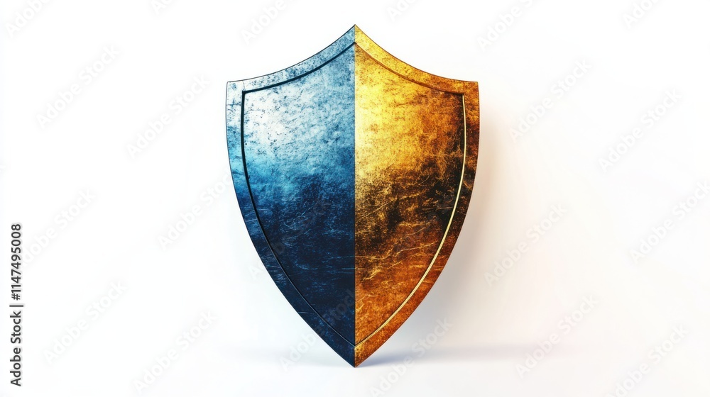 Poster a modern 3d shield icon in gradient colors transitioning from blue to gold, rendered with realistic 