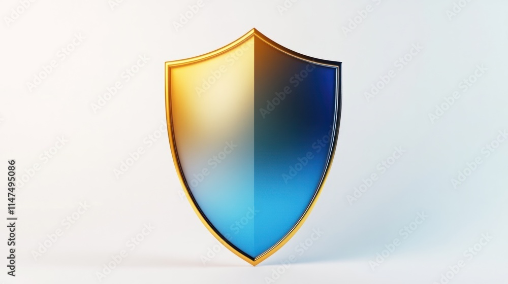 Poster a modern 3d shield icon in gradient colors transitioning from blue to gold, rendered with realistic 